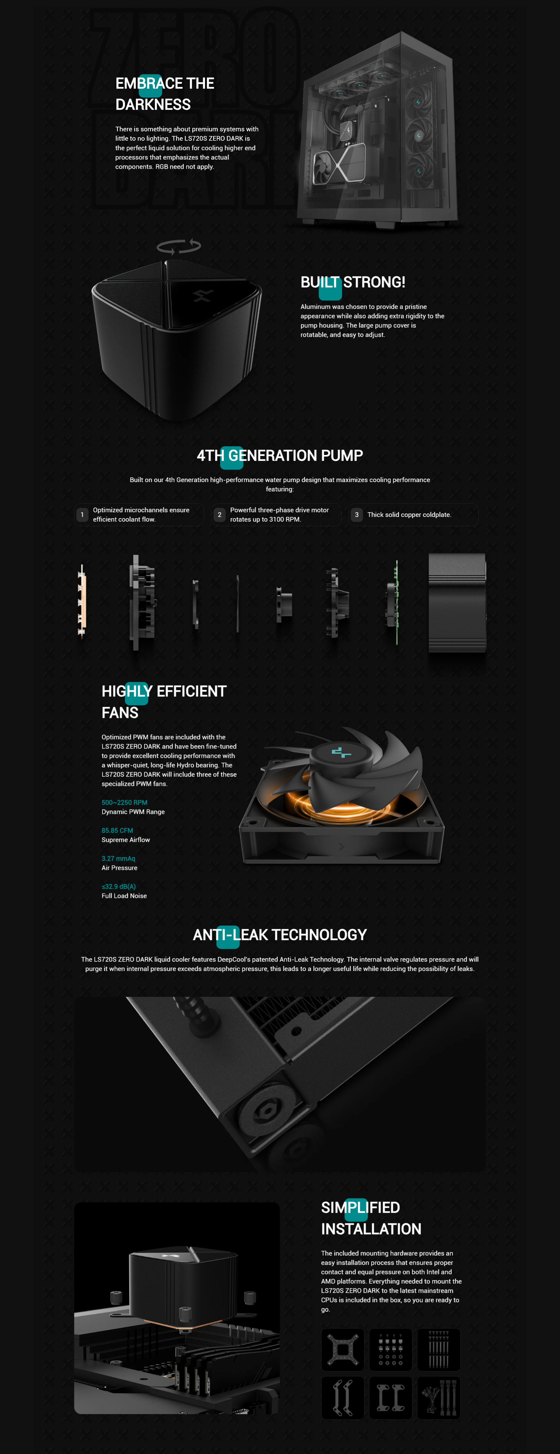 A large marketing image providing additional information about the product DeepCool LS720S Zero Dark 360mm AIO Liquid CPU Cooler - Black - Additional alt info not provided